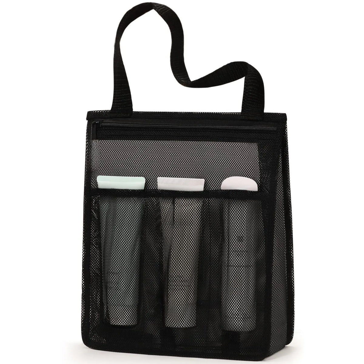 Black swimming gym bag with dry wet separation compartments and mesh net pocket