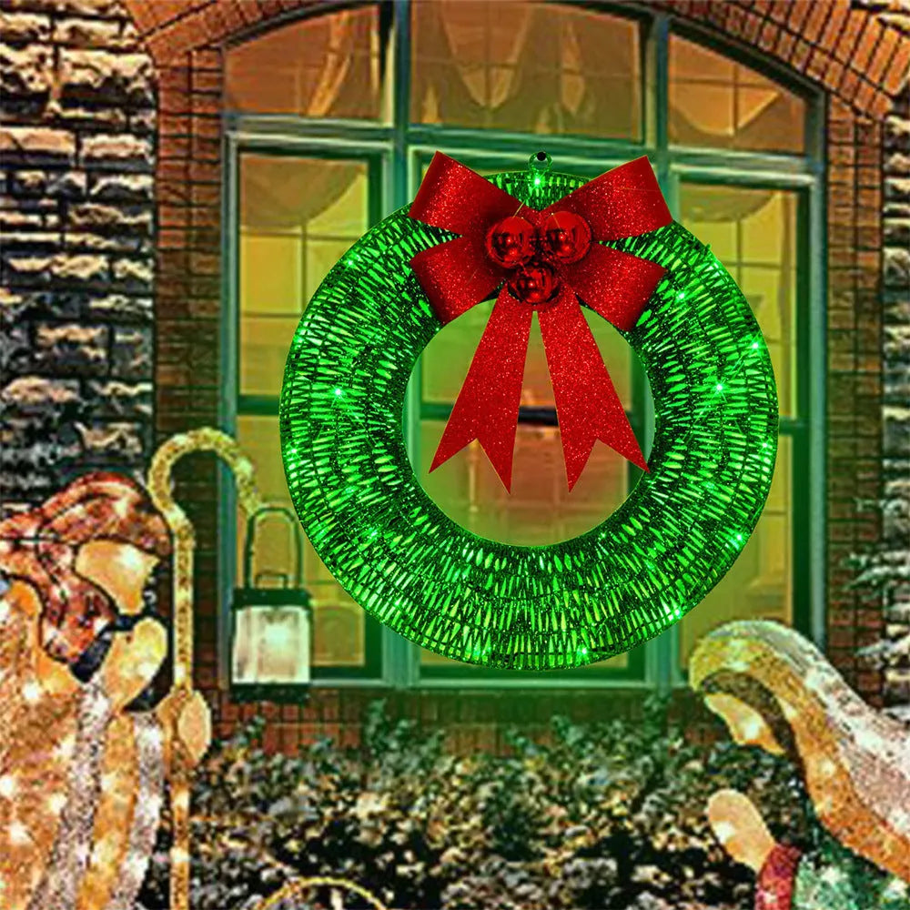 50cm Christmas garland wreath with bowknot, 140 warm LED lights, gold or green, for front door indoor outdoor use