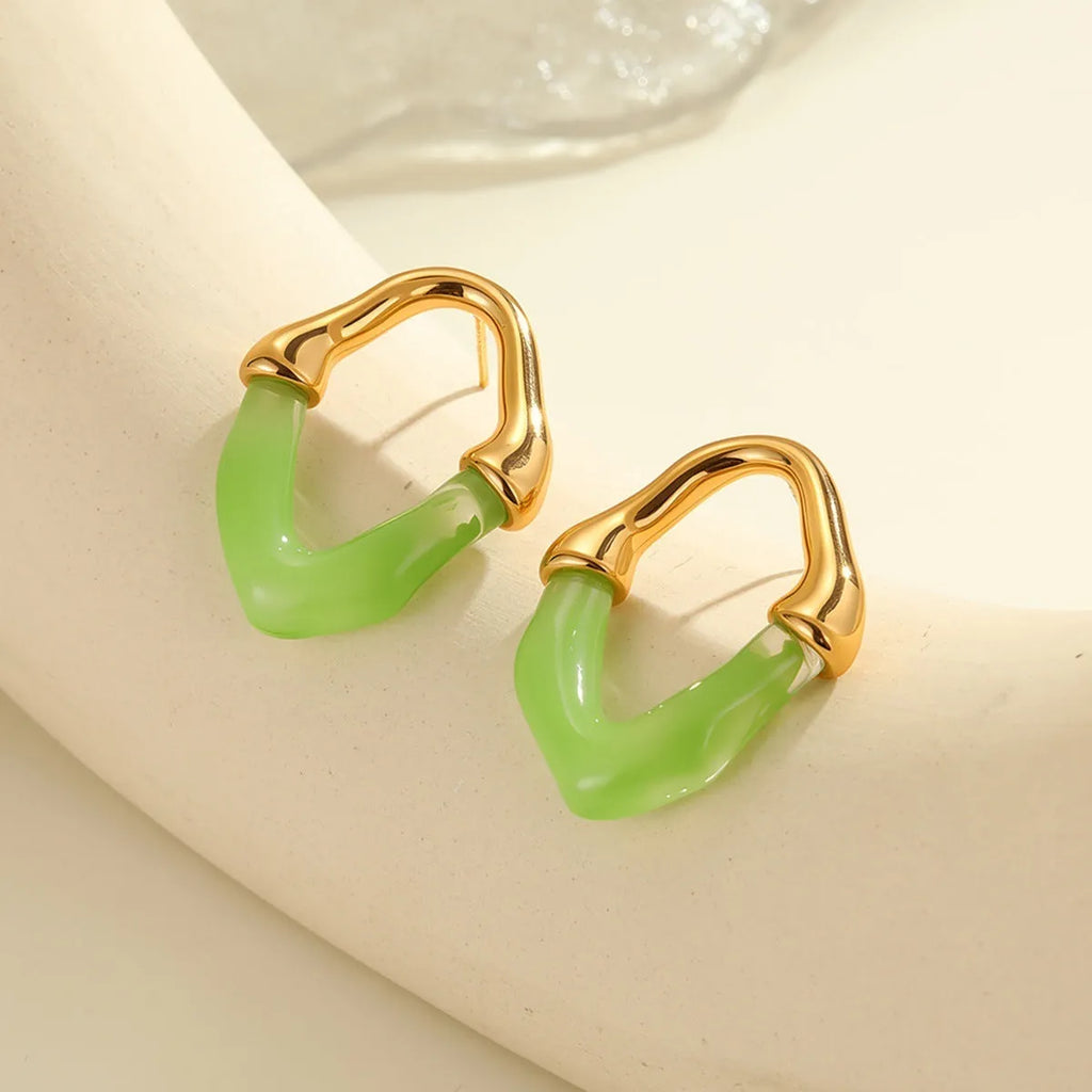 Resin stitching stainless steel earrings with 18K electroplated finish in pink, blue, green, white, and coffee colours