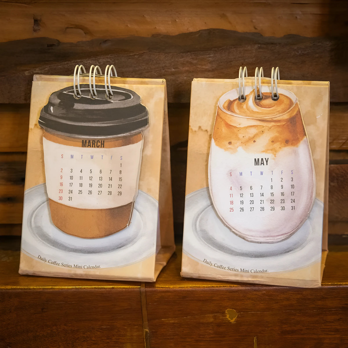 Coffee-themed mini desk calendar for 2025 with motivational designs for compact organisation