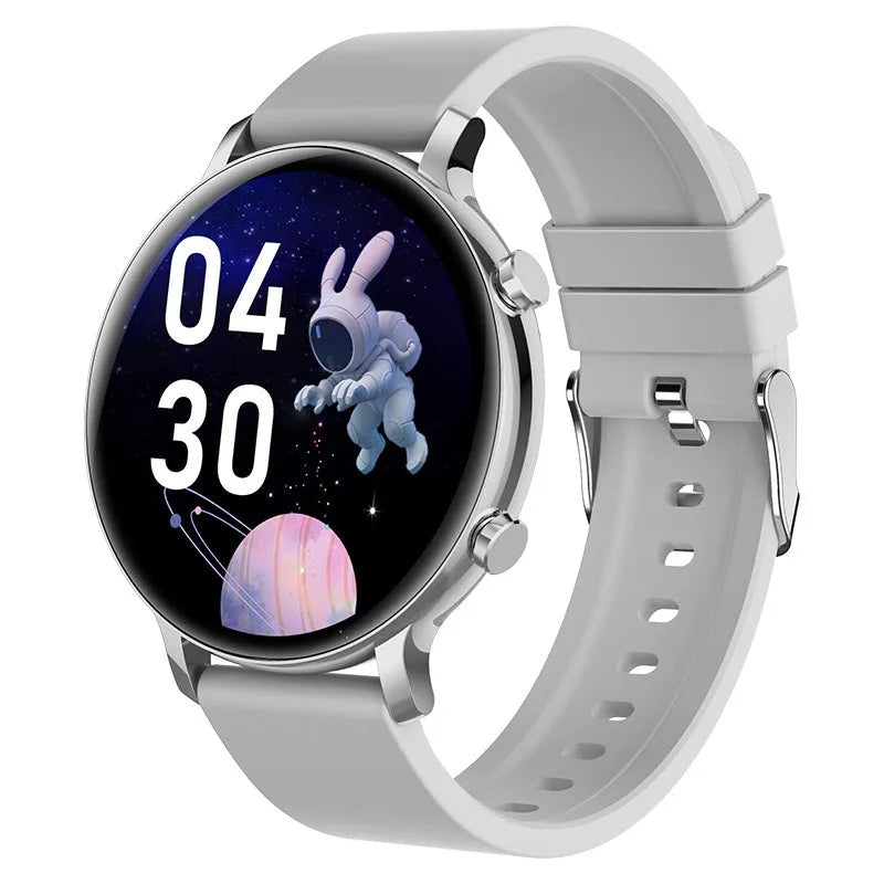 Black business smartwatch with stainless steel strap on a wrist, showing call and health tracking screen.