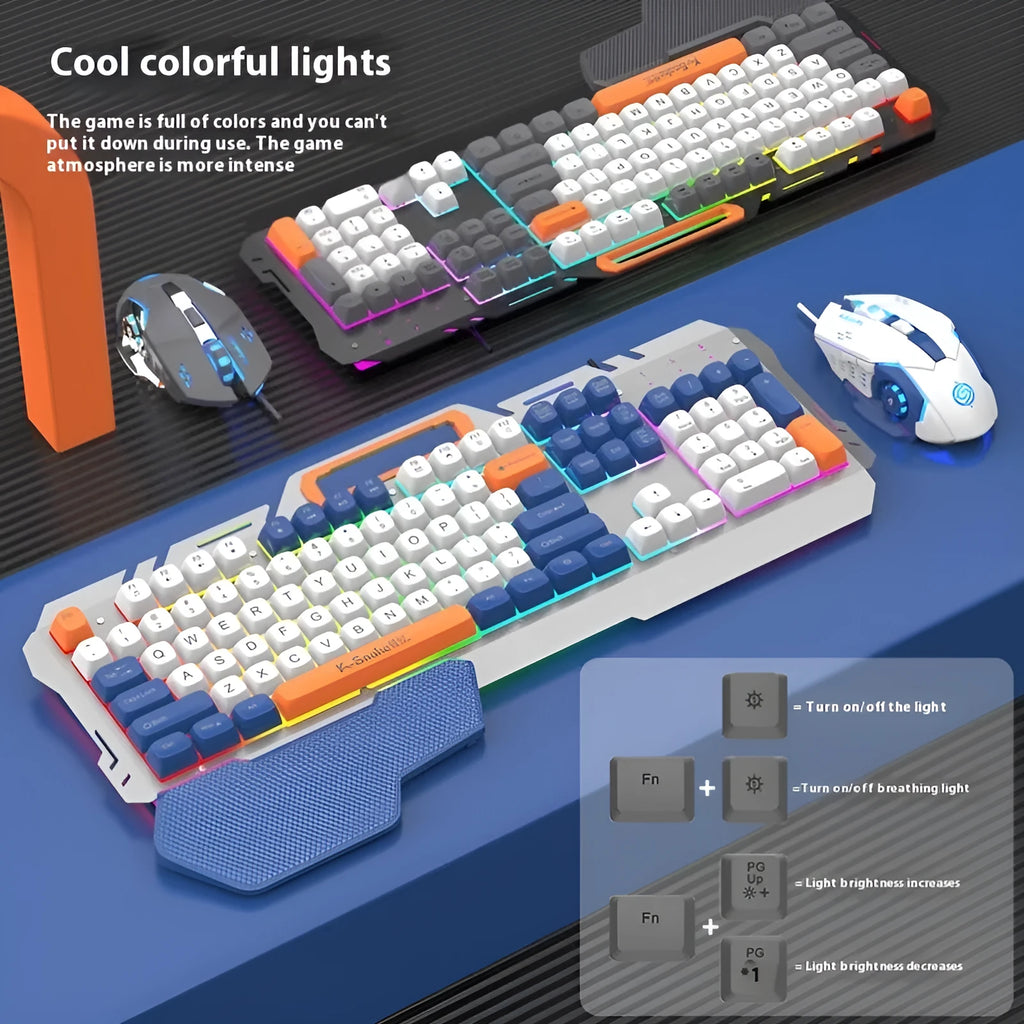 Blue wired gaming keyboard and mouse set with backlit keys on a desk