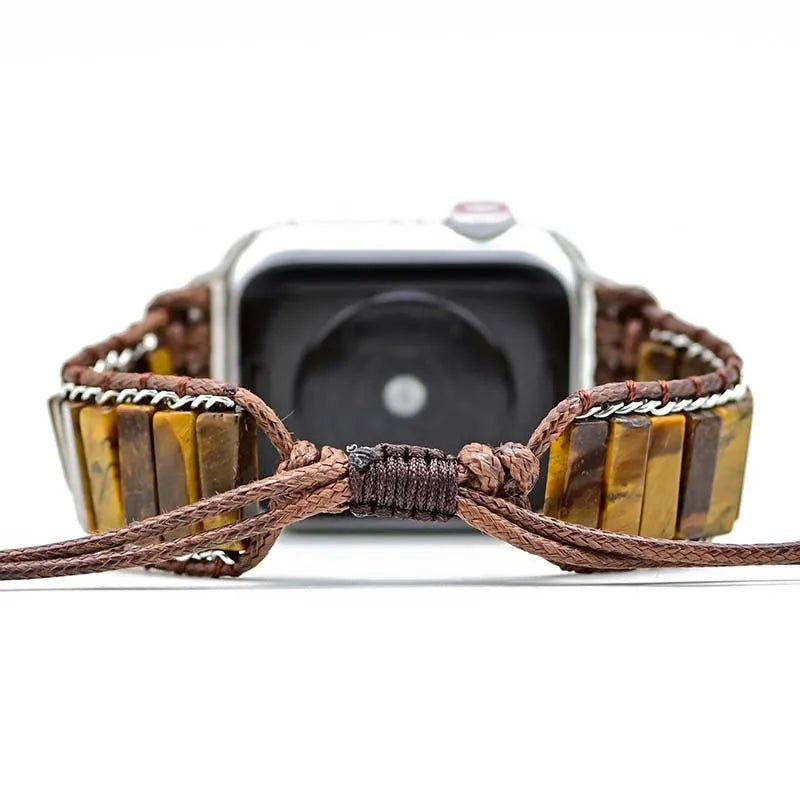 Rectangular tiger eye stone beads on adjustable textile watch strap for men in bohemian retro style