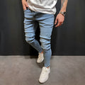Men's blue polyester denim trousers with mid-waist cut and button placket, sizes S to 3XL