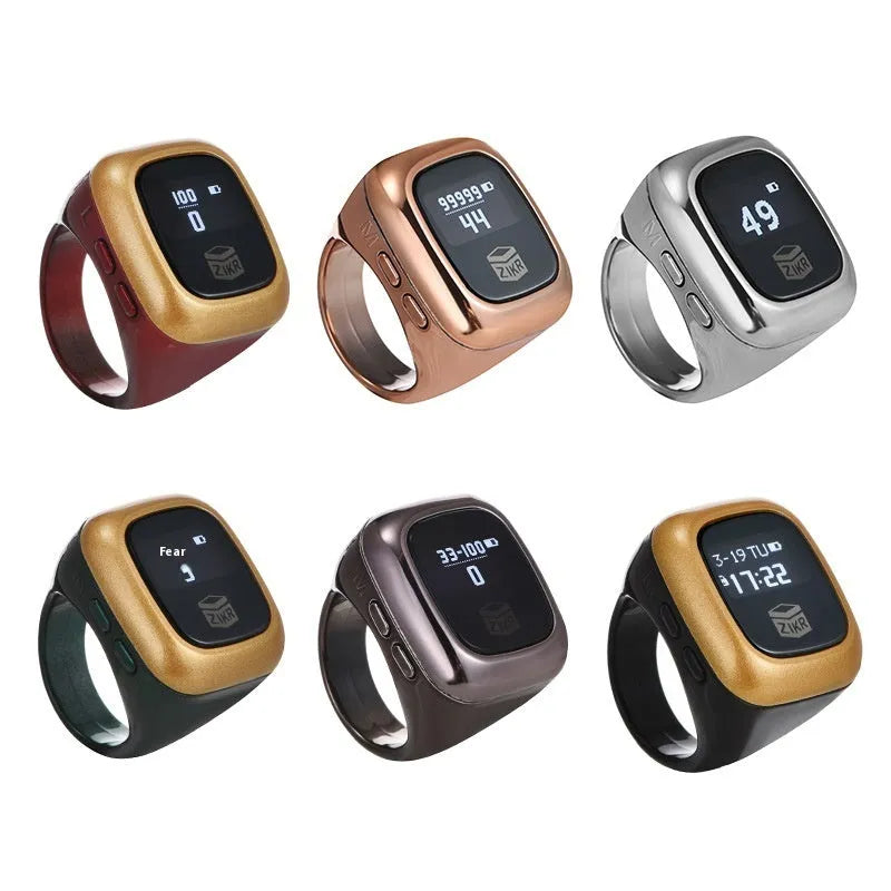 Al-Fatiha electronic zikr counter with digital display on a wrist, shown in rose gold colour with a 20mm band.