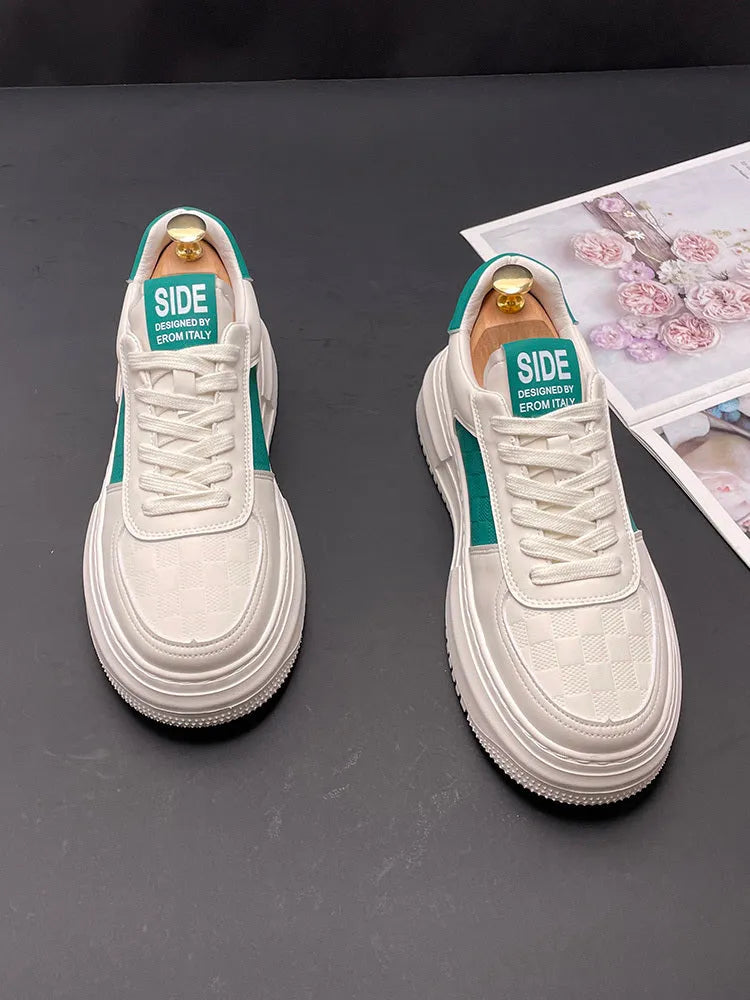 Unisex white green and white black cloth sports shoes with rubber foam soles showing optional inside height increase