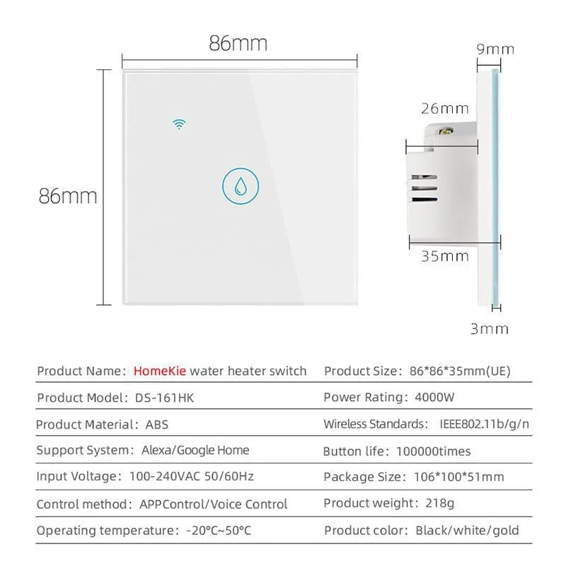 Smart water heater switch 4000W Wi-Fi timer APP voice touch control 86x86mm EU standard white black gold