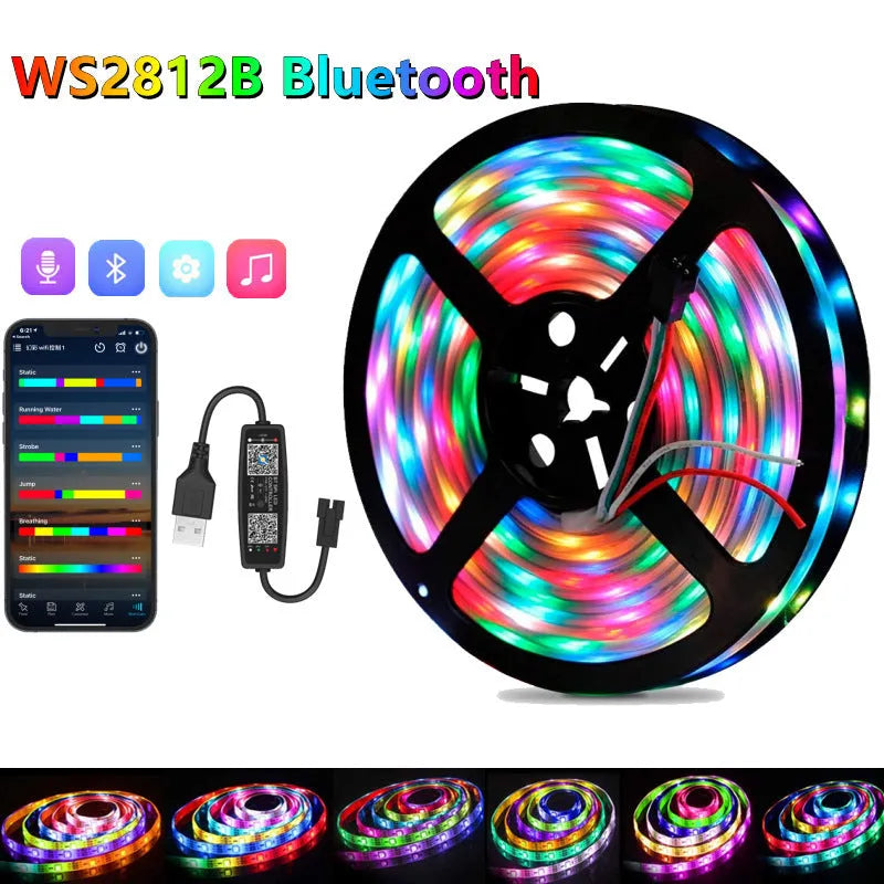 Magic colour 30m LED light strip with 5050 WS2812b beads, Bluetooth 28-key remote, for TV background and venue lighting