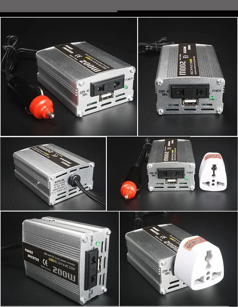 Silver 200W car inverter with USB port, 12V plug, and die-cast aluminium casing