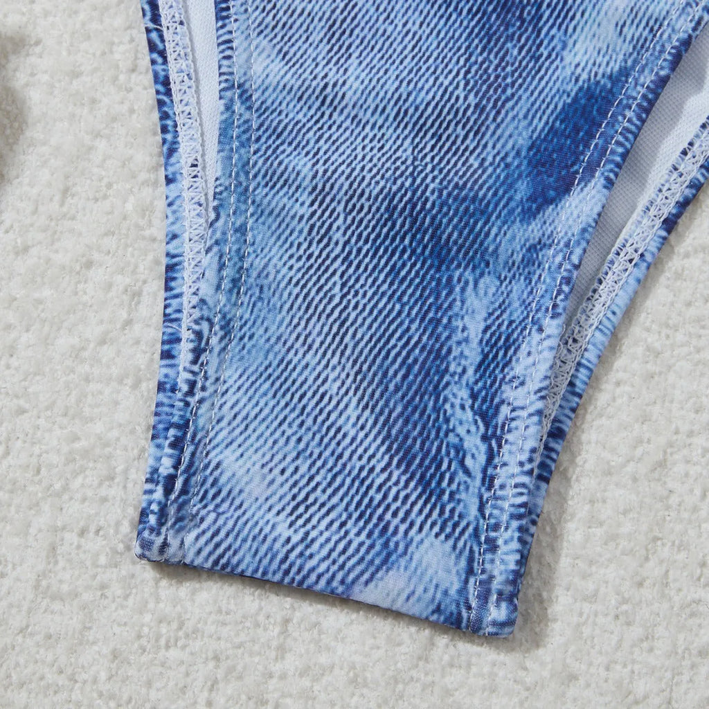 Denim blue printed women's bikini set with strap design