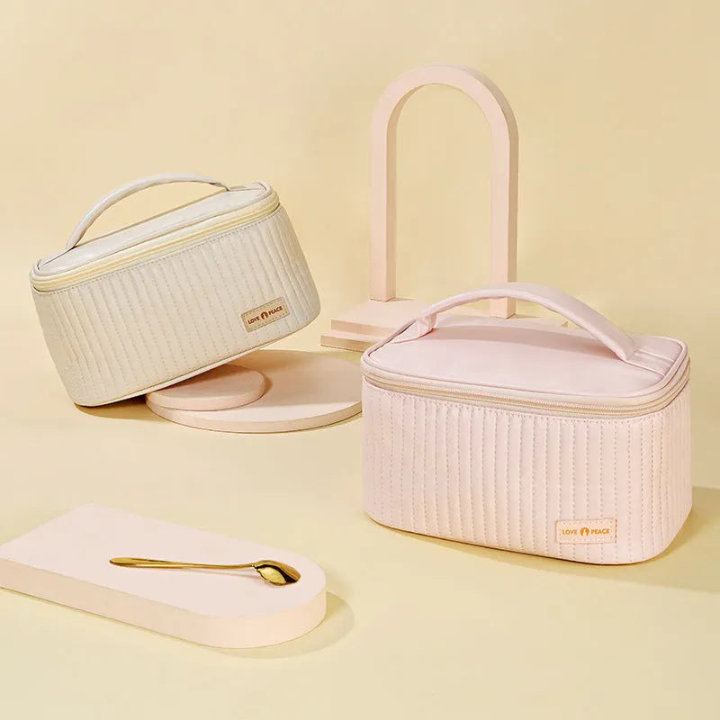 Open-top rectangular makeup bag in pastel PU leather showing quick-access design