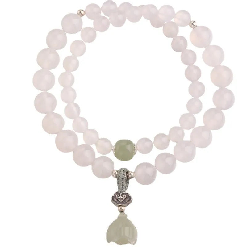 S925 silver bracelet with white agate and Hetian jade stones showing lotus geometric design