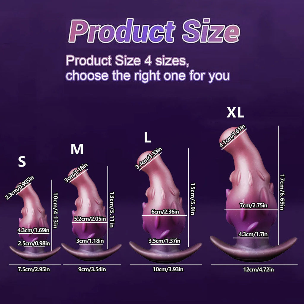 Wearable silicone adult masturbator in black, gold, or purple colour, shown in sizes S, M, L, and XL.