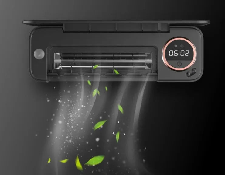 UV toothbrush holder sterilizer wall-mounted with LED display, black ABS, 217mm wide, rechargeable.