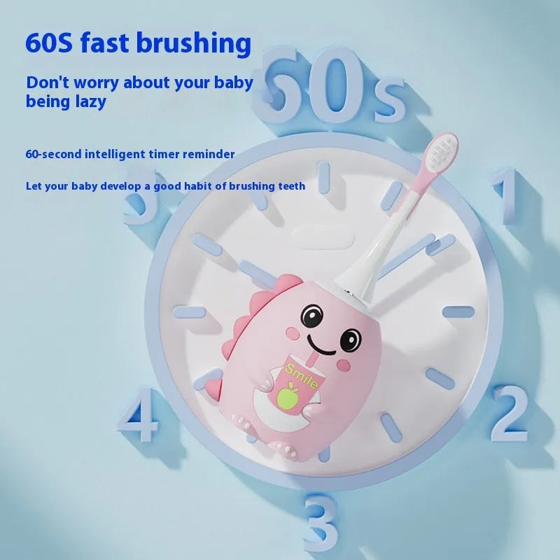 Children's cartoon dinosaur electric toothbrush with U-shaped silicone brush heads, straight handle brush heads, DC charger, in green, pink or blue