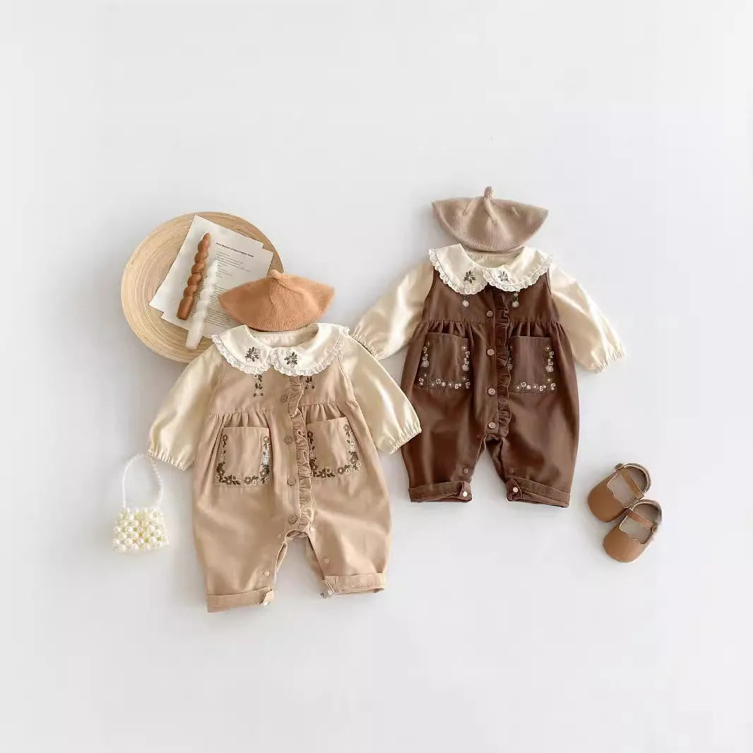 Cotton baby suspender pants suit with long-sleeve top and jumpsuit in khaki, brown, or base shirt, sizes 66cm to 100cm