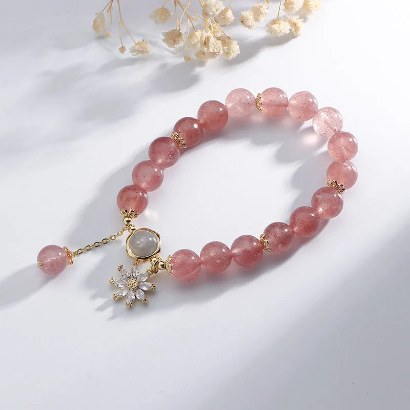 Strawberry quartz crystal bracelet with floral design elements in Mori natural style with electroplated finishing