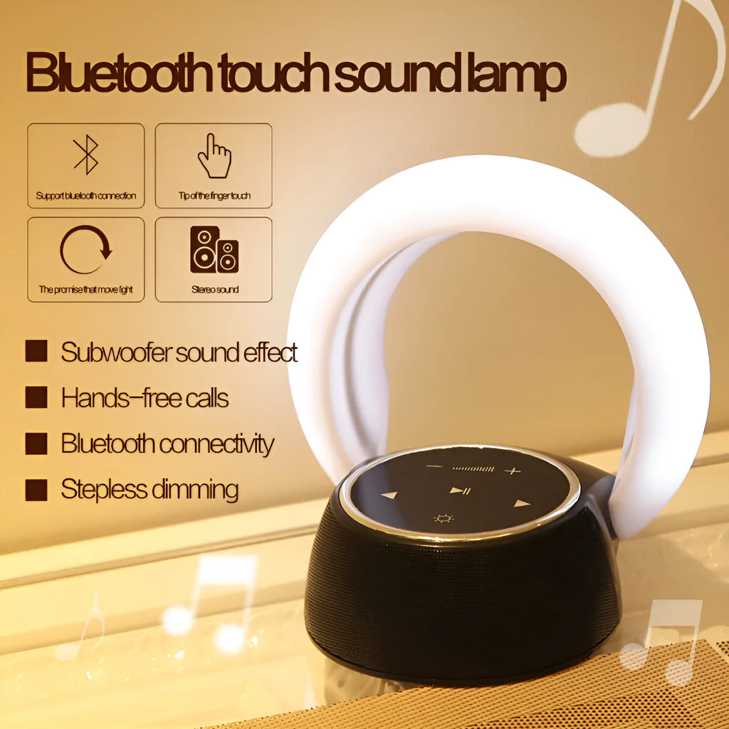 Bluetooth speaker LED desk lamp with touch control, stepless dimming, 2000mAh USB battery, 148 x 148 x 48mm folding body