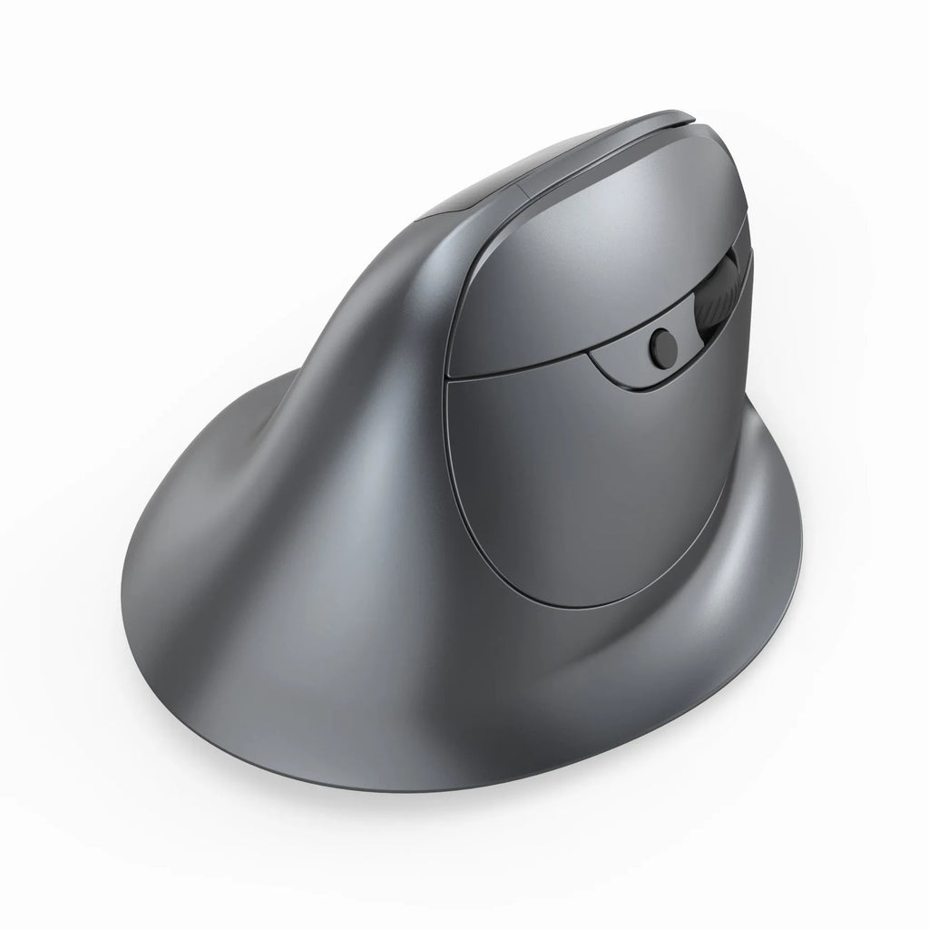 Gray Bluetooth vertical grip wireless mouse with self-charging, shown next to a laptop.