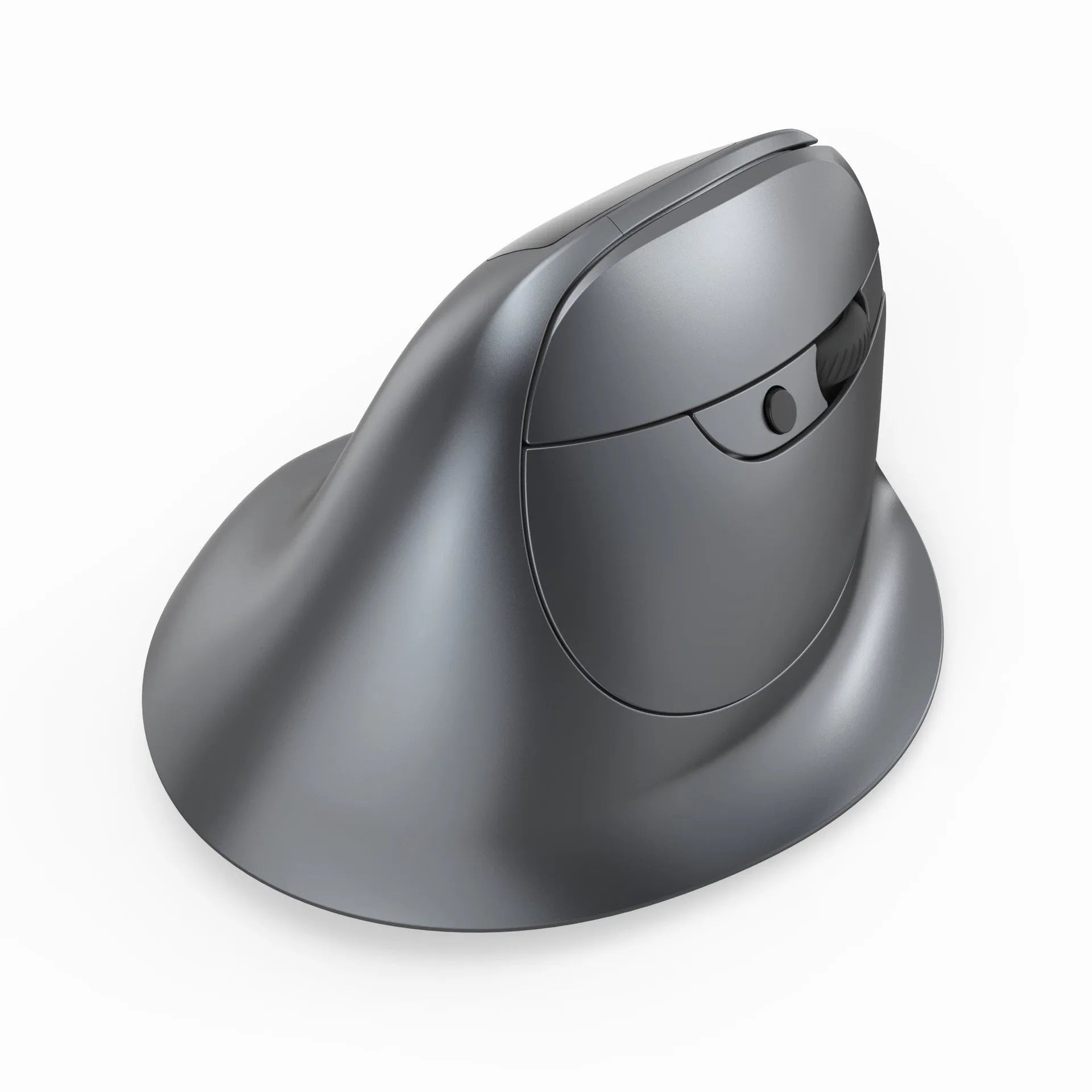 Gray Bluetooth vertical grip wireless mouse with self-charging, shown next to a laptop.
