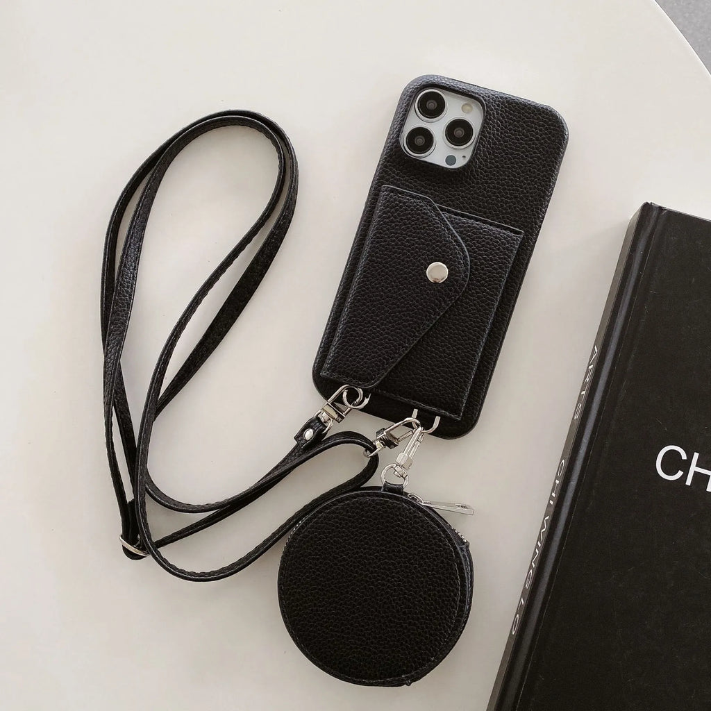 PC leather card holder coin purse crossbody phone case for iPhone, available in black, orange, and white