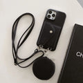 PC leather card holder coin purse crossbody phone case for iPhone, available in black, orange, and white