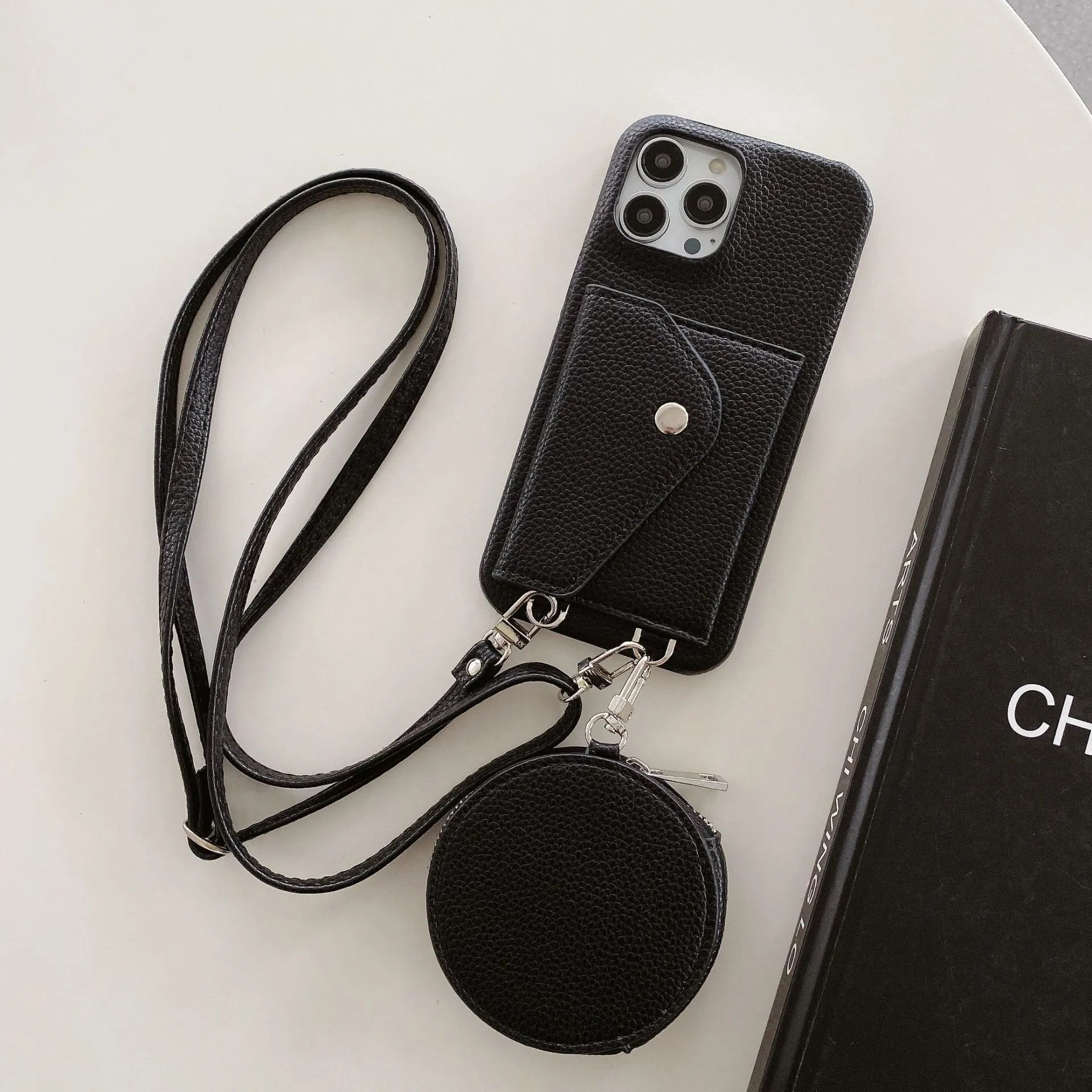 PC leather card holder coin purse crossbody phone case for iPhone, available in black, orange, and white