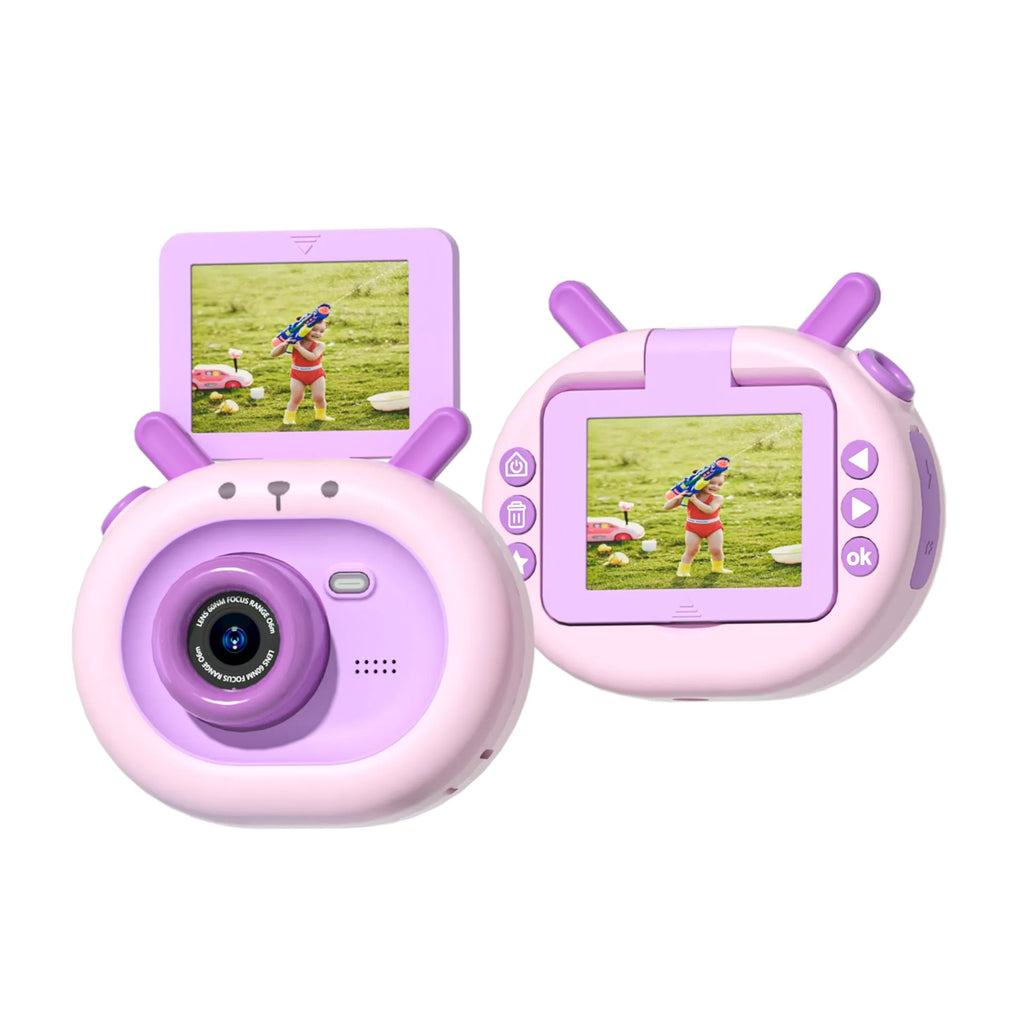 Children's digital camera with flip screen in dark green or purple colours with silicone protective case