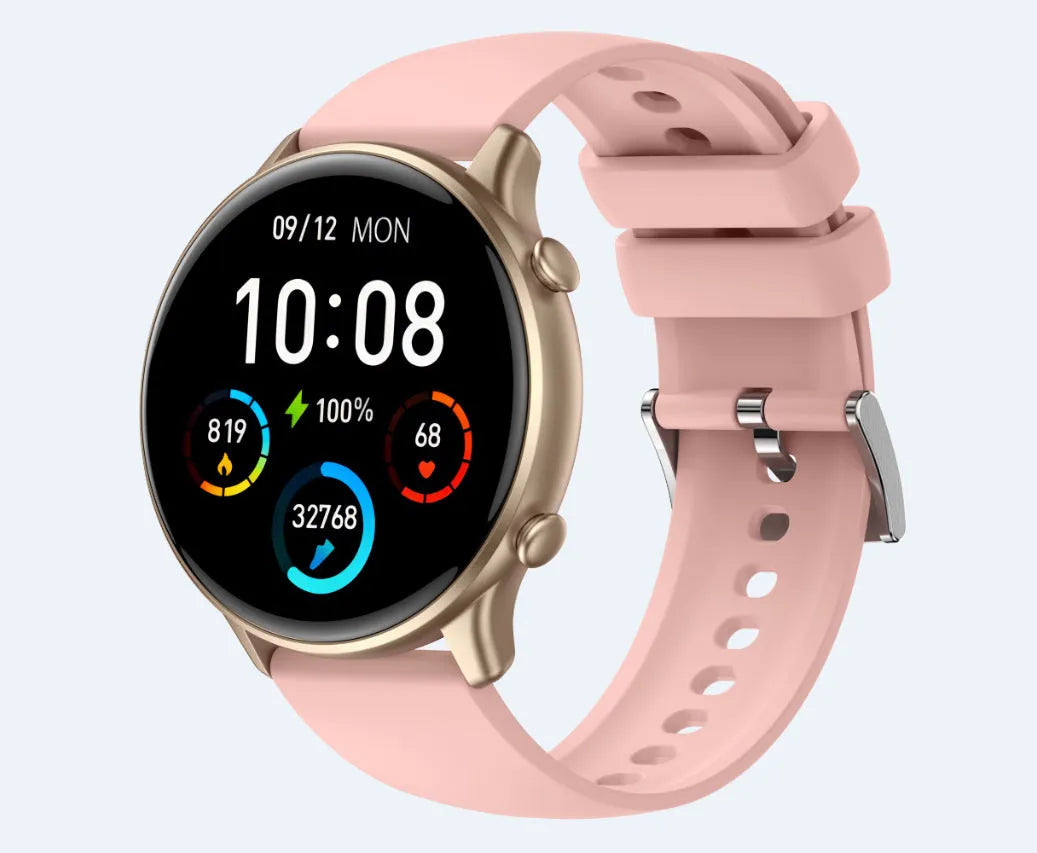 Round touch screen smart sports watch with silicone strap showing heart rate display