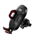 Black-grey car phone holder mounted on vehicle air vent with phone secured