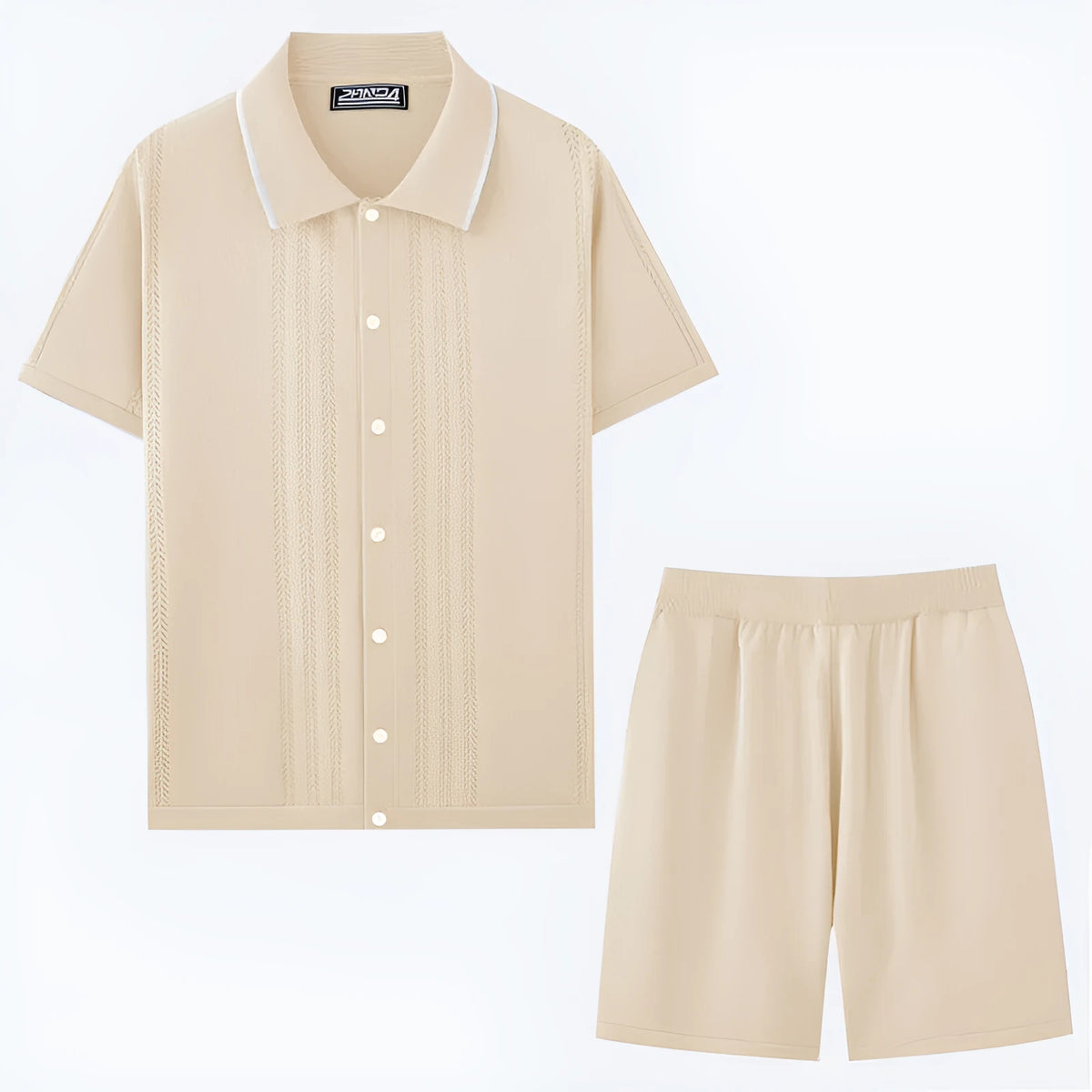 Tencel viscose knitted business casual two-piece set showing short sleeve top and matching shorts.