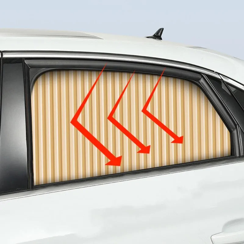 Retractable car sun curtain in opaque cloth extended across vehicle window