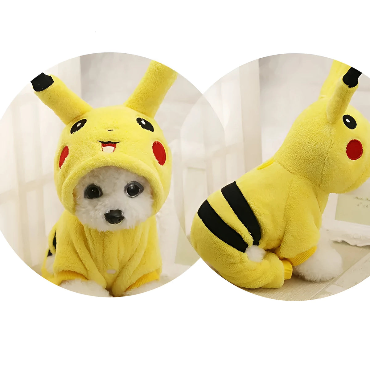 A small dog or cat wearing a soft fleece hoodie coat in a cosplay style.