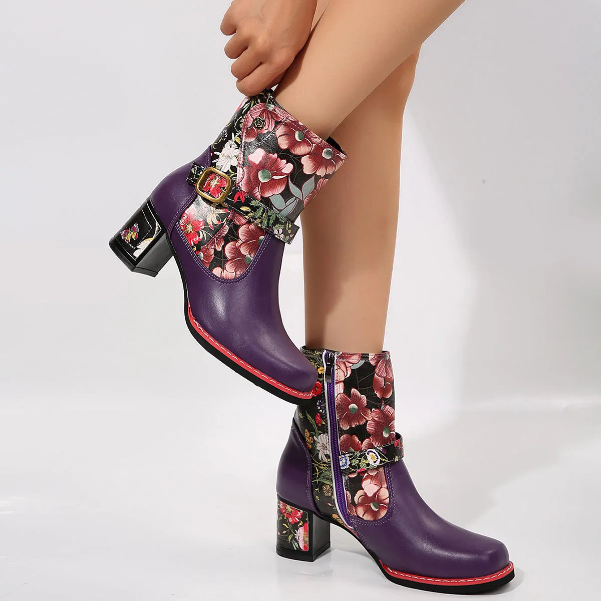 Women's printed stitching ankle booties with thick rubber sole and front lace-up, in purple or blue