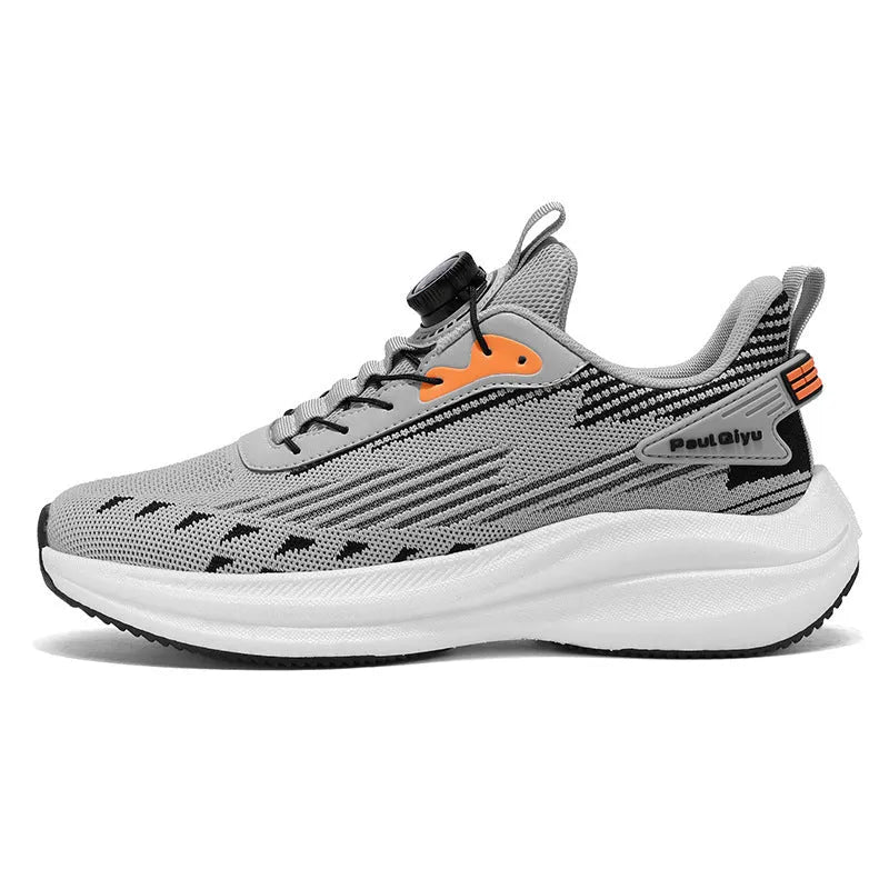 Men's low-top running shoes with rotating buckle and Fly-kit mesh in black, gray, or white-green colours