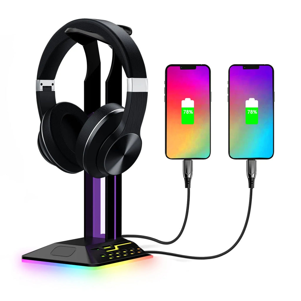 RGB colour-changing headphone holder with dual USB ports on black acrylic stand