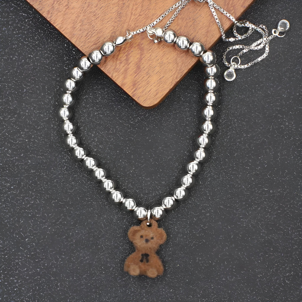 Handmade stainless steel unisex bracelet with cartoon bear girl design and diamond shape, BST-0132-Bear colour