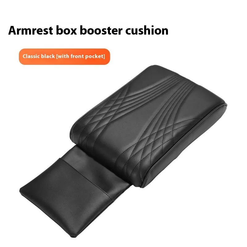 PU leather car armrest cover with heightening insole, black stripes, with pocket, on vehicle seat