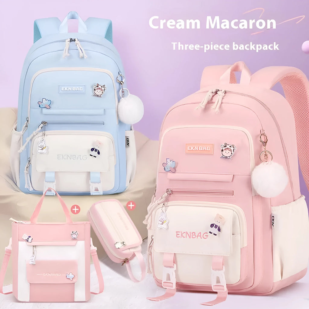 Waterproof pink Oxford cloth girls school backpack with curved straps on a white background.