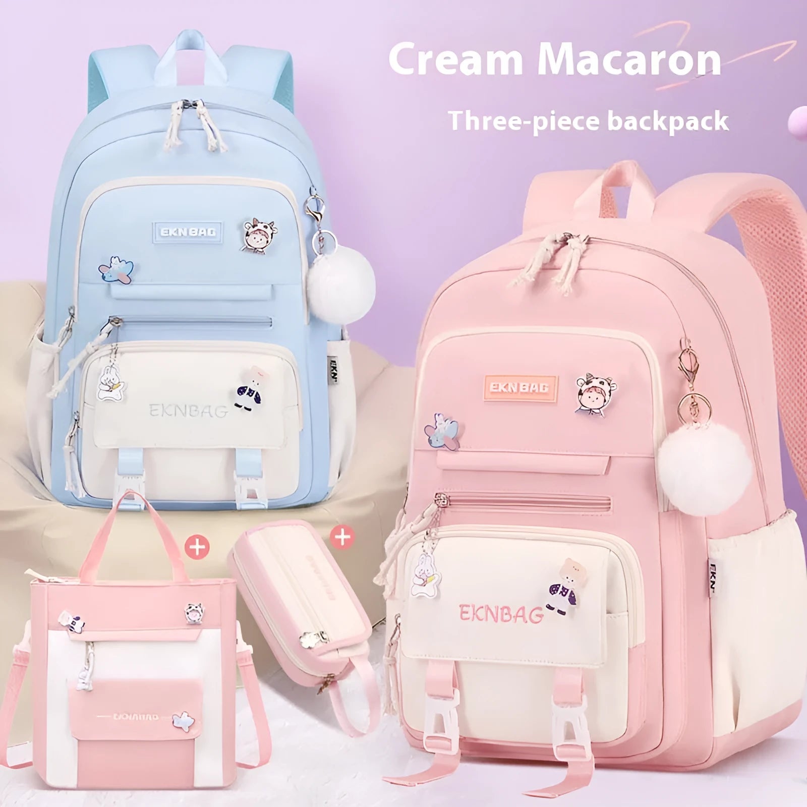Waterproof pink Oxford cloth girls school backpack with curved straps on a white background.