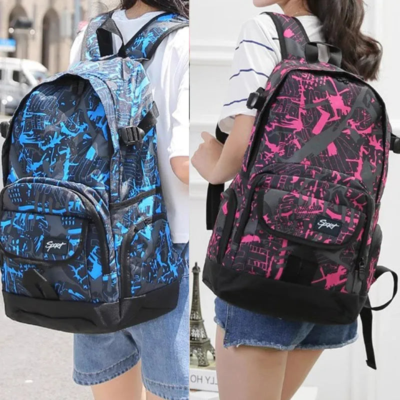 Classic blue nylon backpack with large capacity and multiple compartments