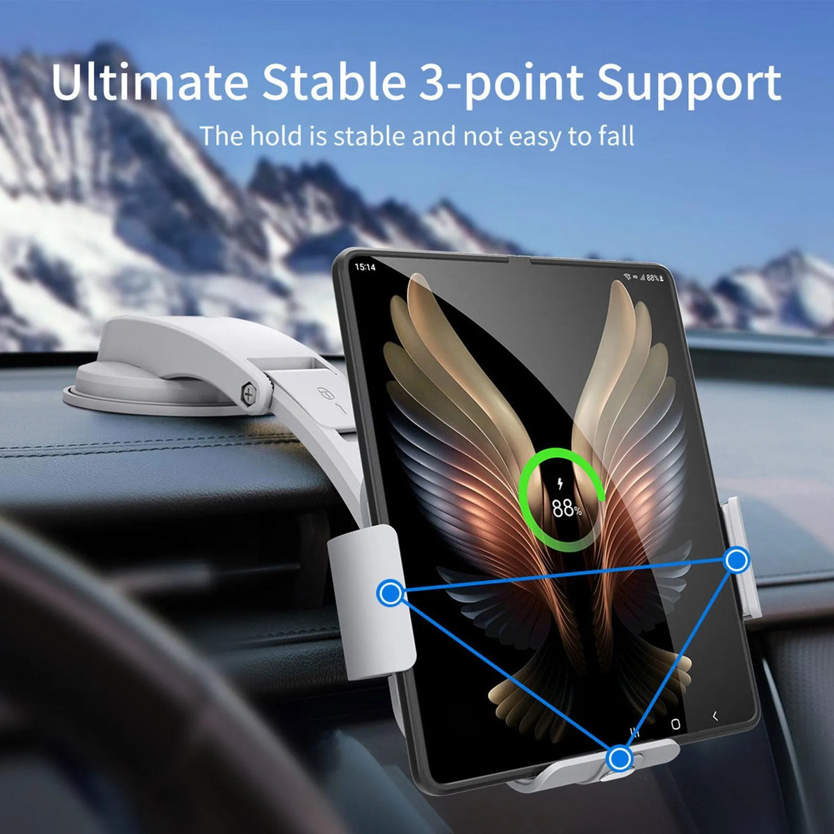 Grey car phone holder with wireless charging and folding screen design on dashboard