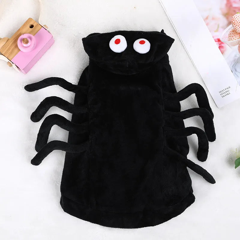 Dog wearing Halloween spider costume in polyester fabric with arachnid pattern design