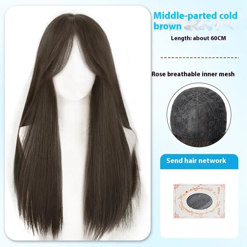 Long straight synthetic wig with bangs in brown black colour showing medium parting style