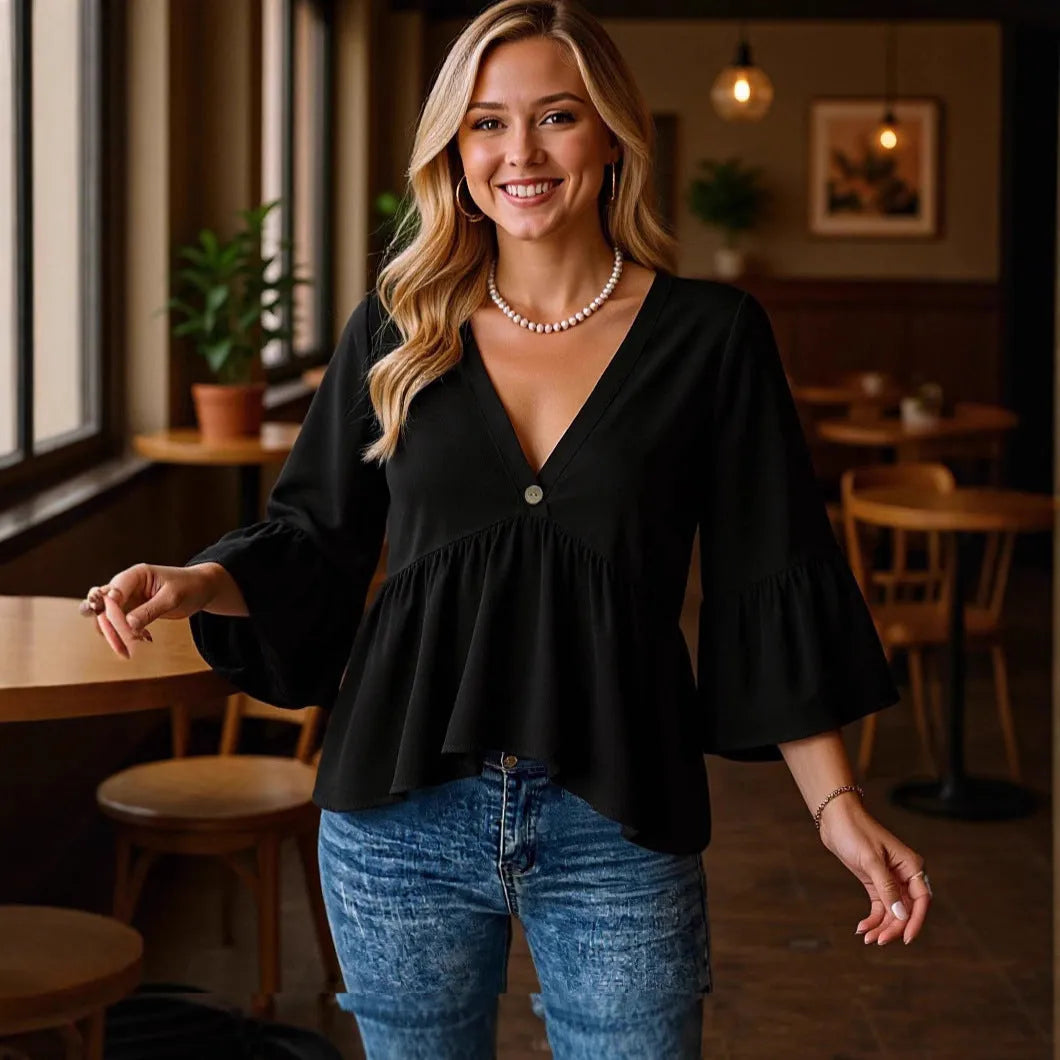Women's solid black casual shirt with seven-point flared pleated sleeves