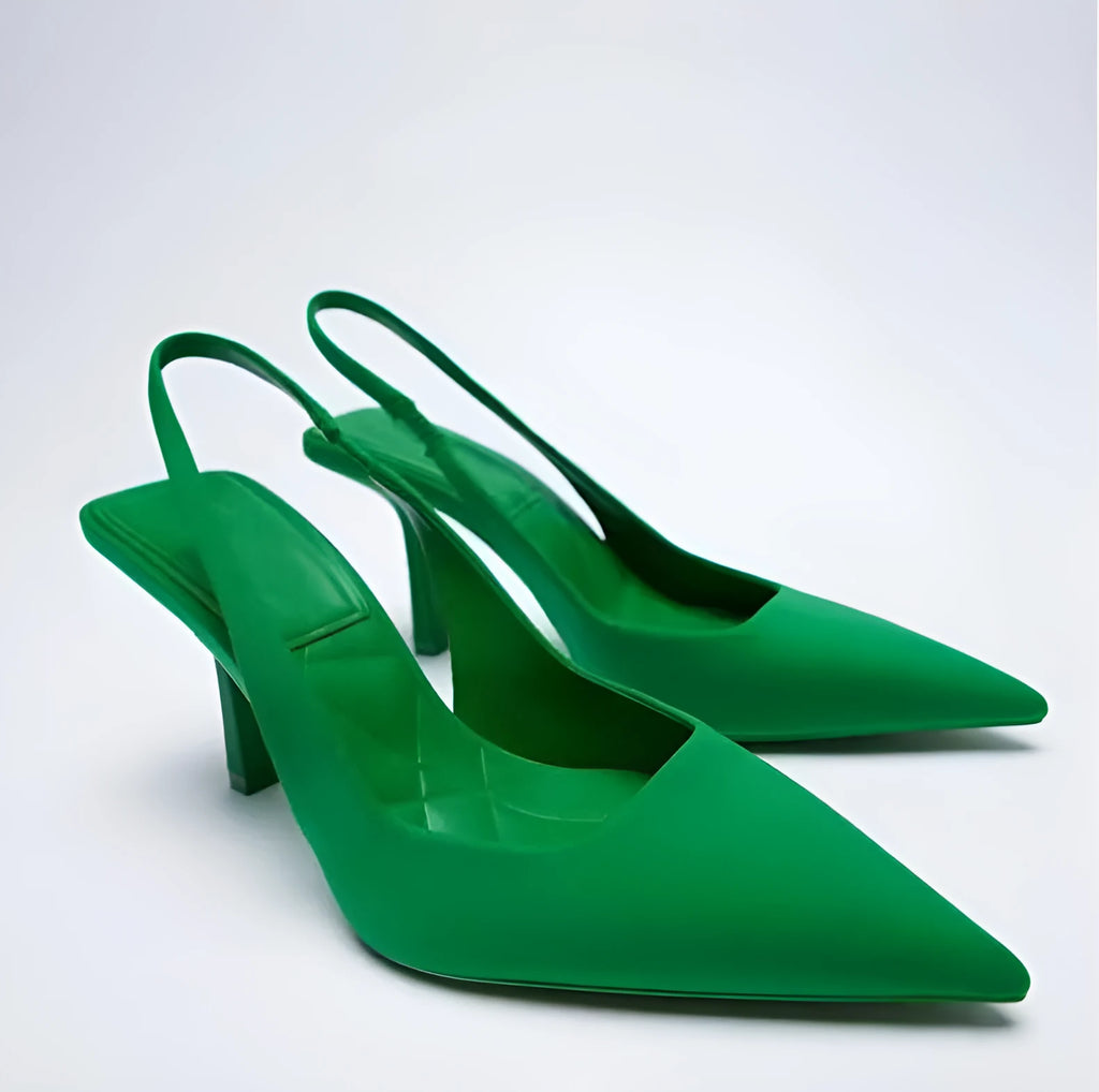 Thin heel pointed toe pumps for women in PU with rubber sole, available in red, green, black and purple, sizes 35-43