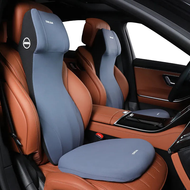 Automotive memory foam cushion and headrest lumbar support set in multiple colours
