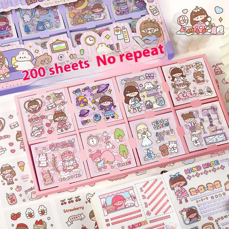 Box of children's stickers with designs for notebooks and cards, showing five colour themes.