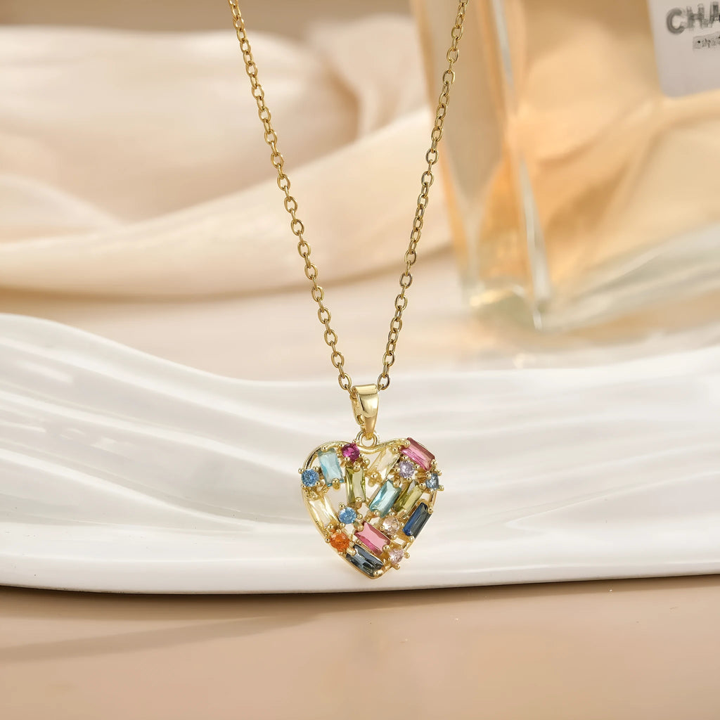 Women's copper heart pendant necklace with zircon centre electroplated finish O-ring chain gold blue colour option
