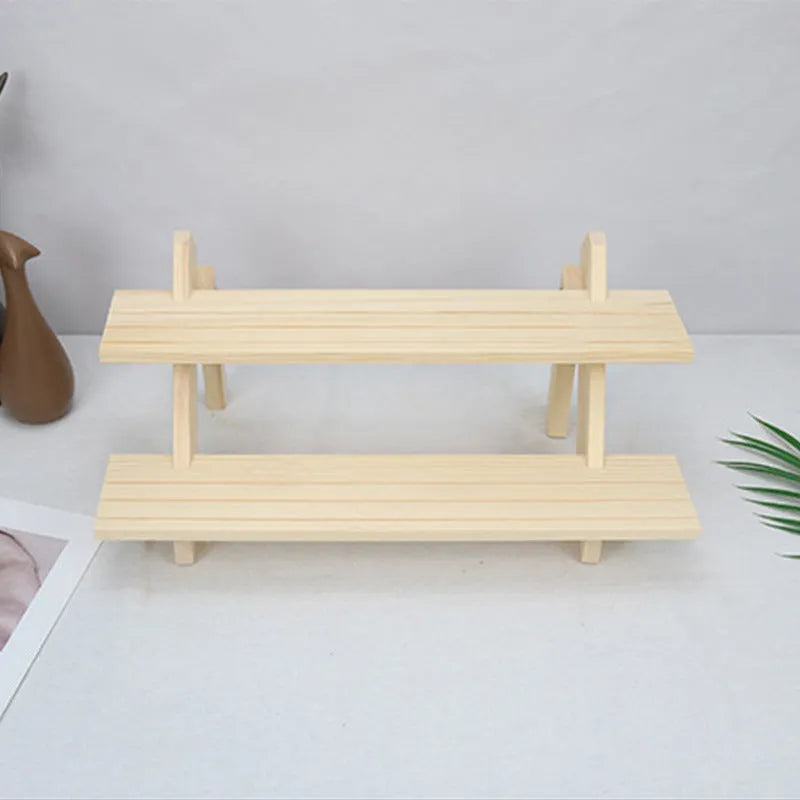 Multi-layer wooden stepped shelf with five tiers in natural wood colour, desk storage unit for books and display
